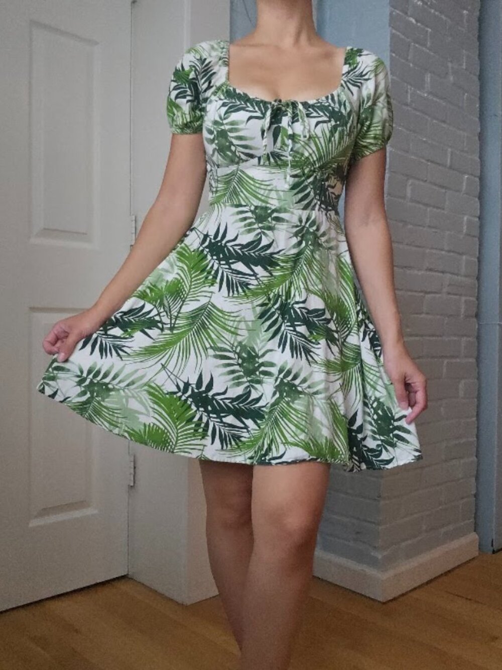 Japna tropical coastal palm tree leaf mini short dress beach flare small puff sl